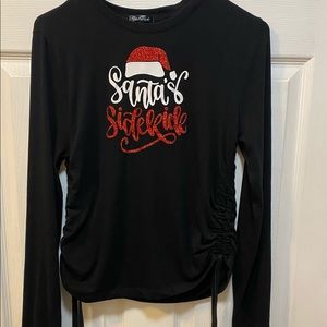 Girls XL Black Long Sleeve Santa’s Sidekick in Red Glitter Cinchs Up Both Sides